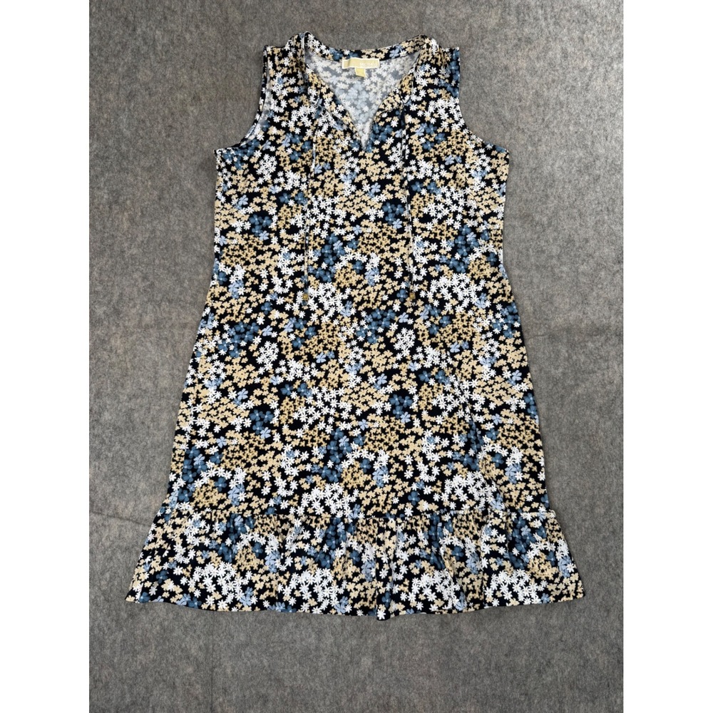 Michael Kors Floral Dress Womens M Black Blue Jersey Ruffle Hem Tassel Boho Mini